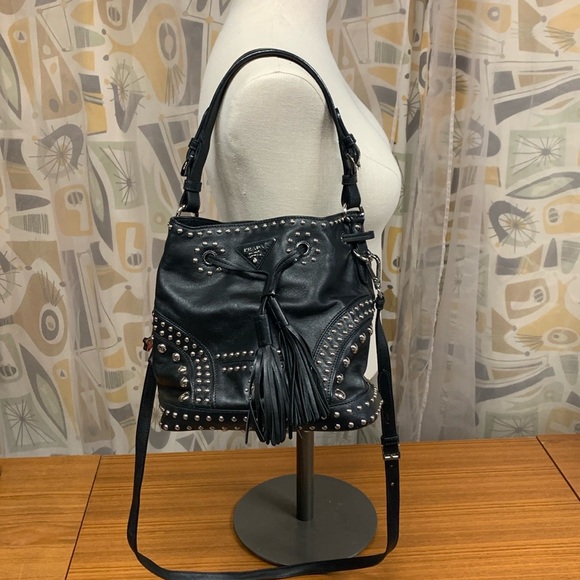 PRADA Soft Calf Black Leather Studded Bucket Bag Red Leather Interior - Picture 1 of 15